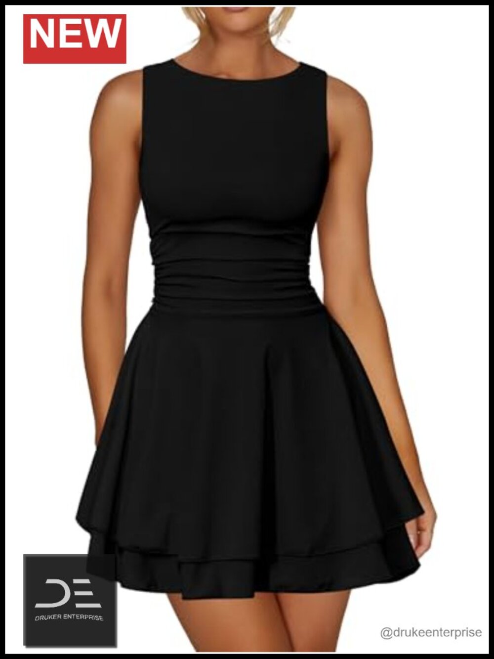 Ruffle Hem Boat Neck A Line Mini Dress Ruched Waist Club Party